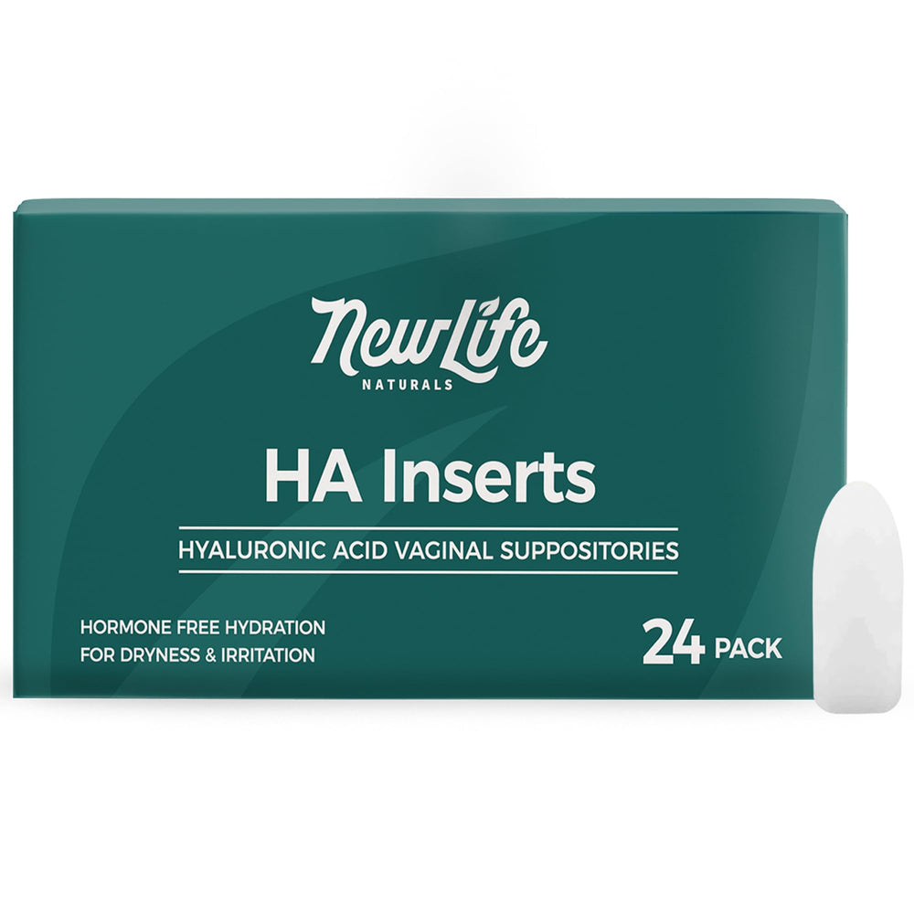 NewLife Naturals packaging box for hyaluronic acid vaginal suppositories highlighting discreet moisture support.