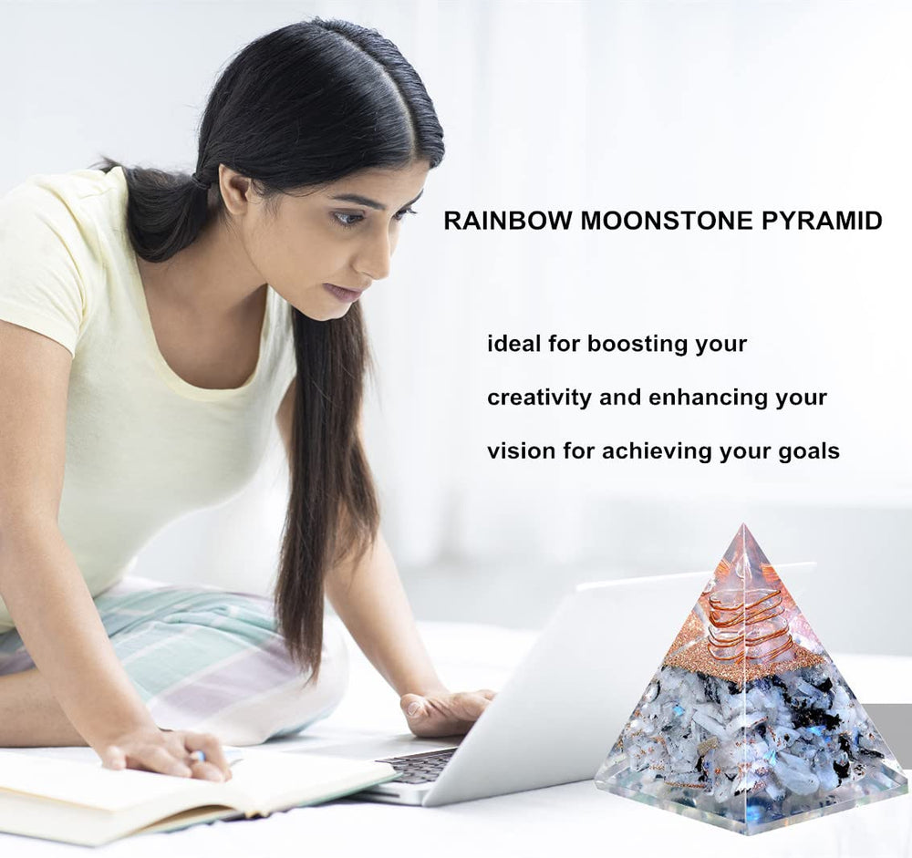 NewMainOne rainbow moonstone pyramid supports meditation and inner focus.
