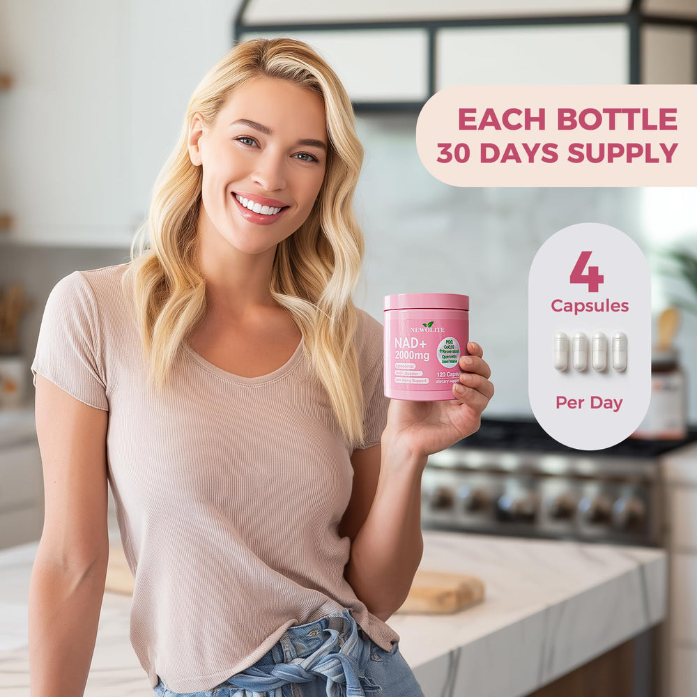 NEWOLITE NAD+ bottle with Black Pepper Extract visual highlighting absorption.