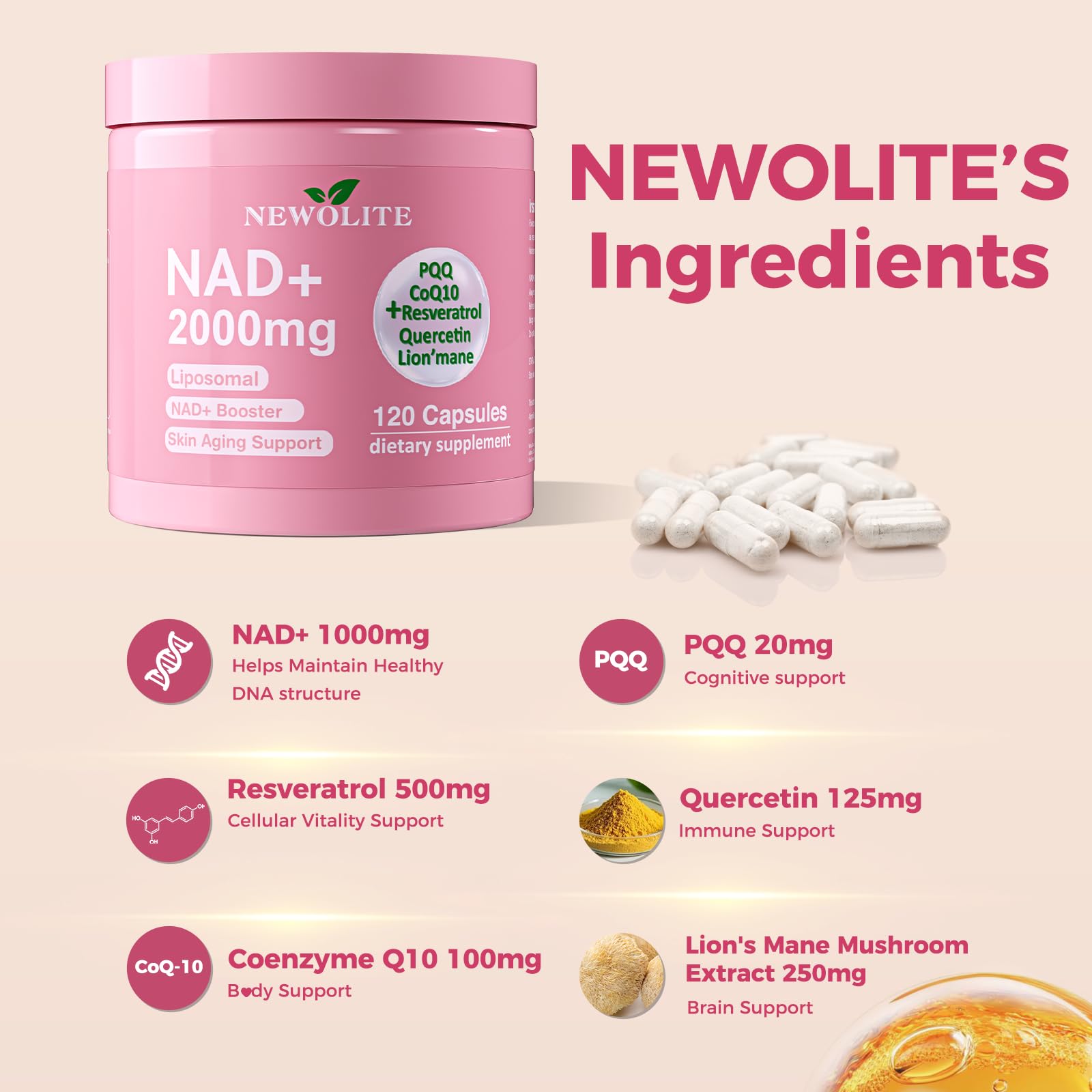 NEWOLITE NAD+ capsules close-up for easy daily intake.