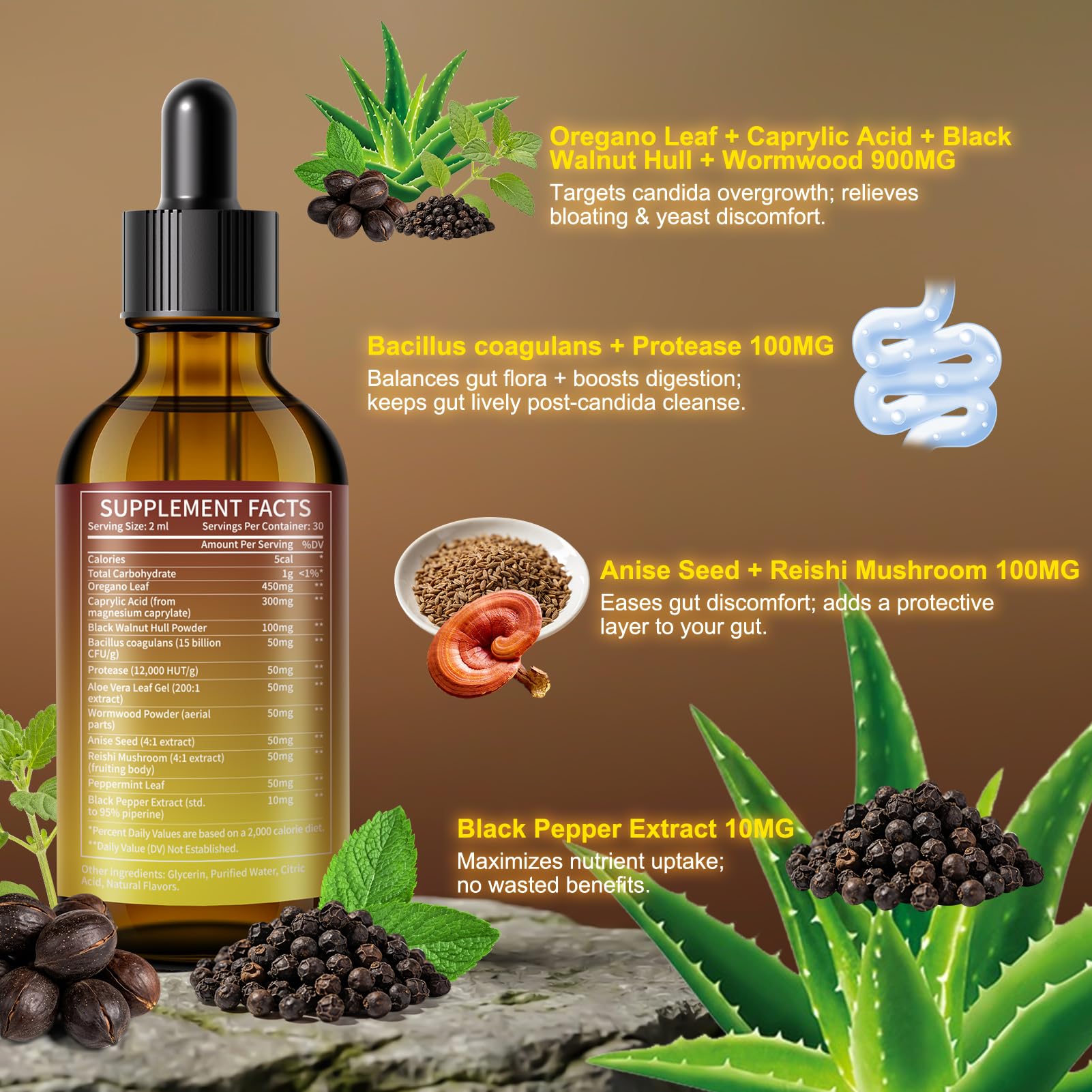 Newpie Candida Cleanse Drops dropper-dispense ensures simple daily use for gut balance