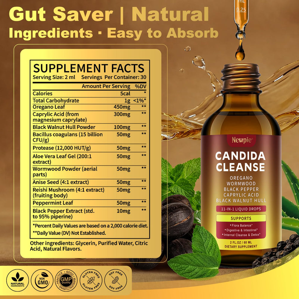 Newpie Candida Cleanse Drops packaging showcases vegan, non-GMO formulation