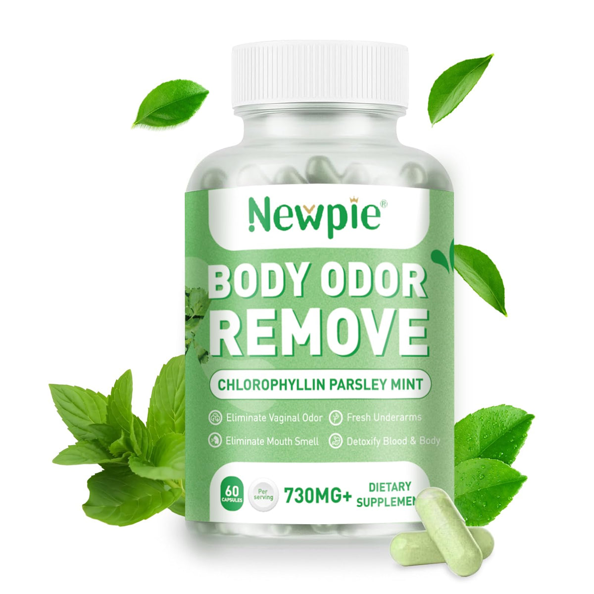 Newpie Chlorophyll bottle-front with 60 vegan capsules for daily freshness