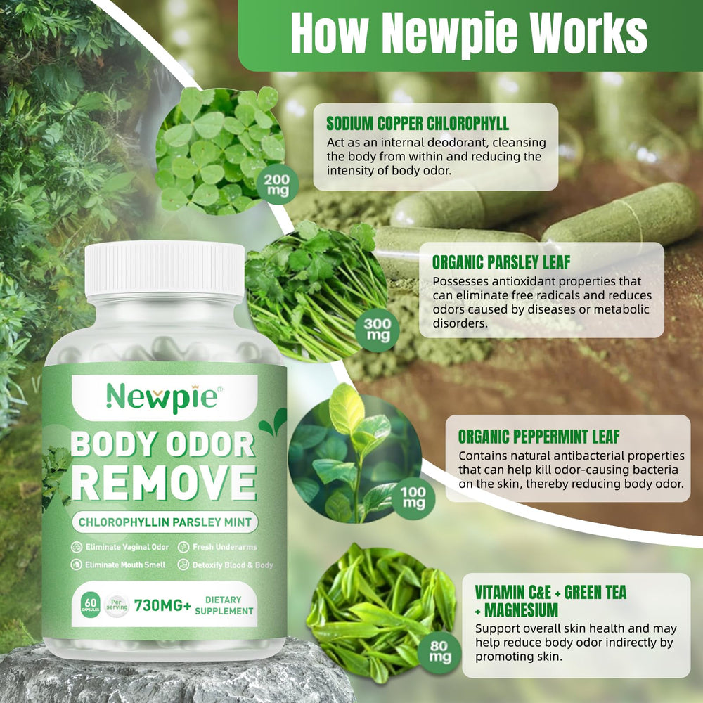 Newpie Chlorophyll capsules close-up showing vegan, allergen-free formula