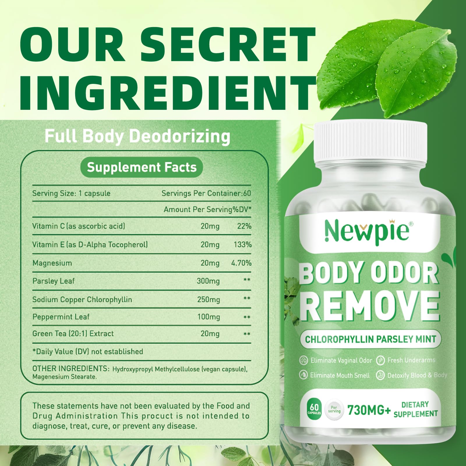 Newpie Chlorophyll label detail highlighting vegan capsules and GMP production