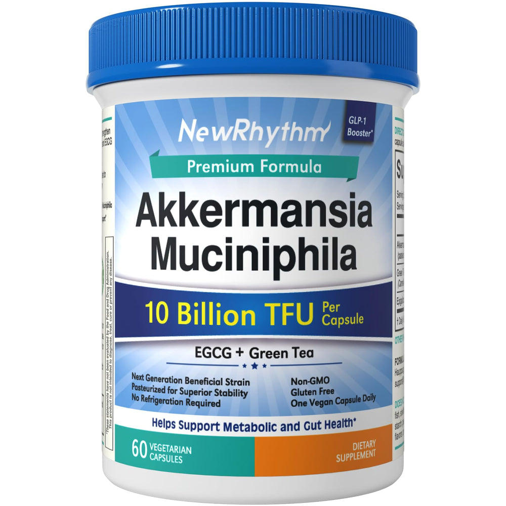 NewRhythm Akkermansia bottle capsules for gut health and regularity.