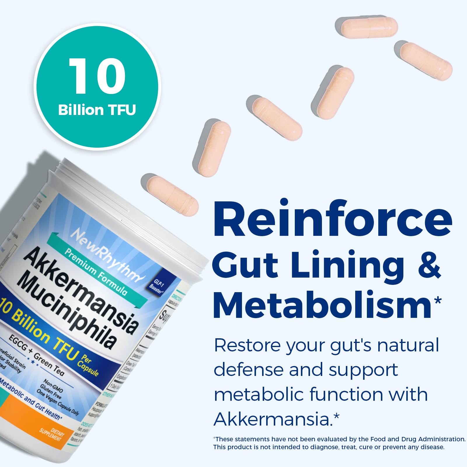 NewRhythm Akkermansia capsules closeup highlighting 10B TFU formulation.