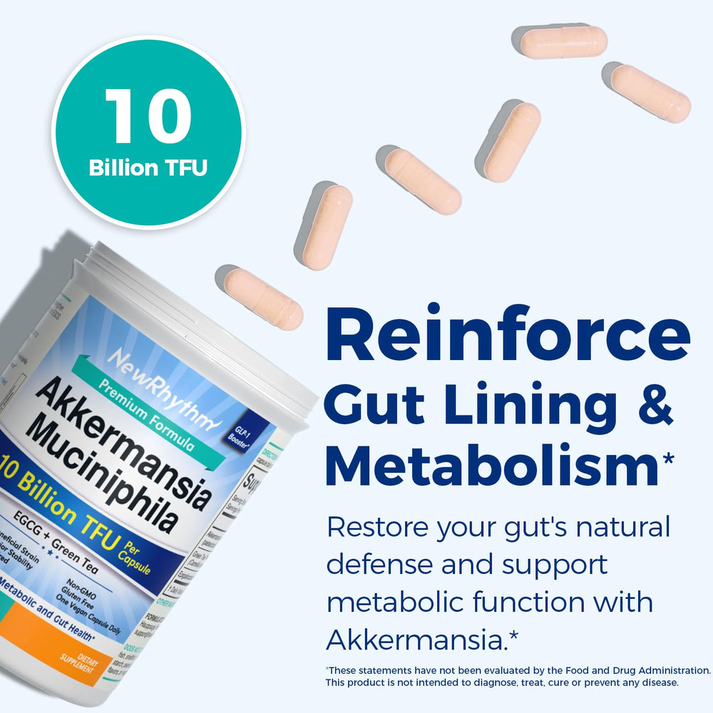 NewRhythm Akkermansia capsules closeup highlighting 10B TFU formulation.