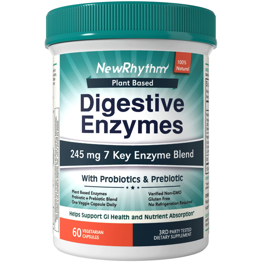 NewRhythm Digestive Enzymes bottle with plant-based capsules for easy daily digestion