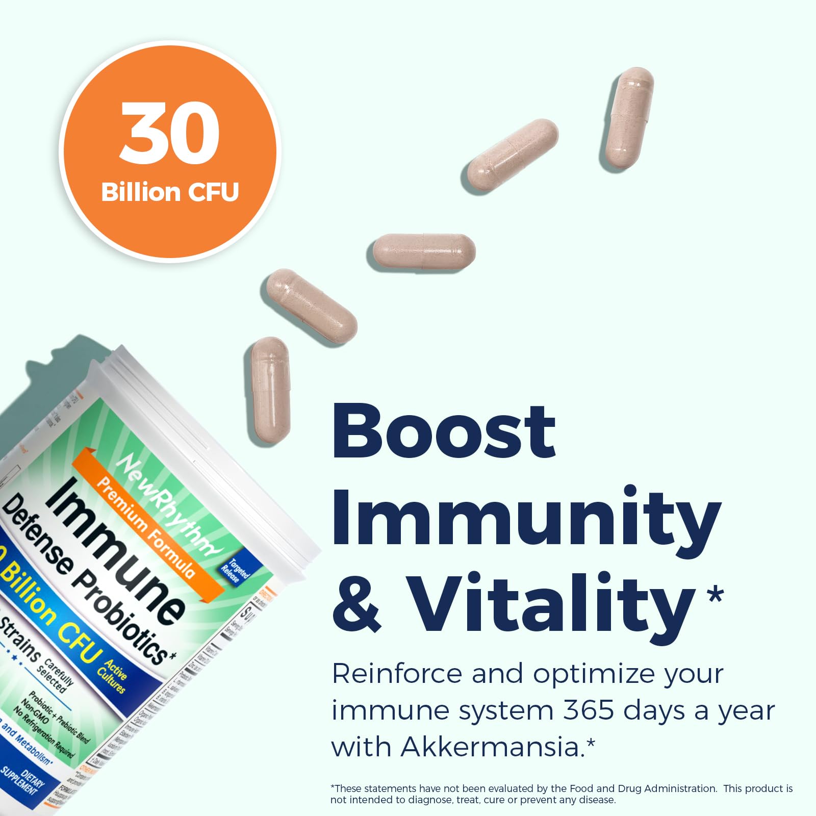 NewRhythm Immune Defense bottle back reveals dosage and key ingredients for gut balance.