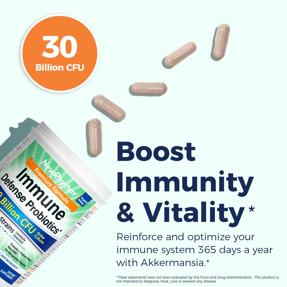 NewRhythm Immune Defense bottle back reveals dosage and key ingredients for gut balance.