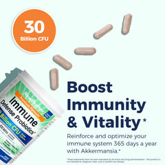 NewRhythm Immune Defense bottle back reveals dosage and key ingredients for gut balance.
