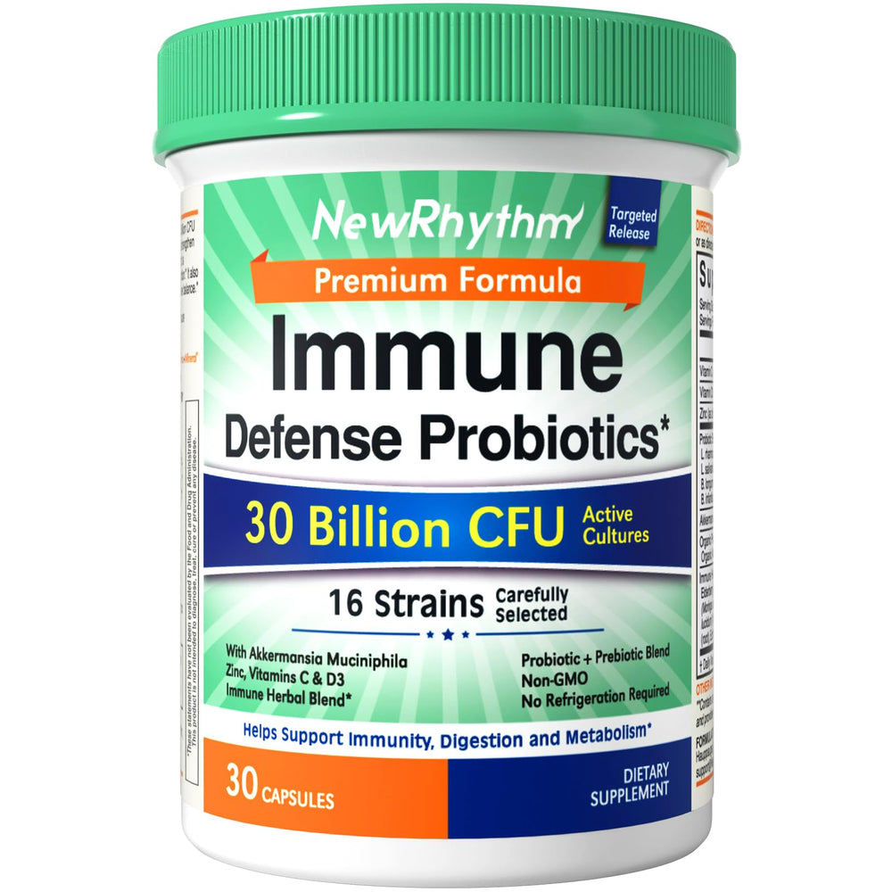 NewRhythm Immune Defense bottle front shows 30 capsules for daily immune support.