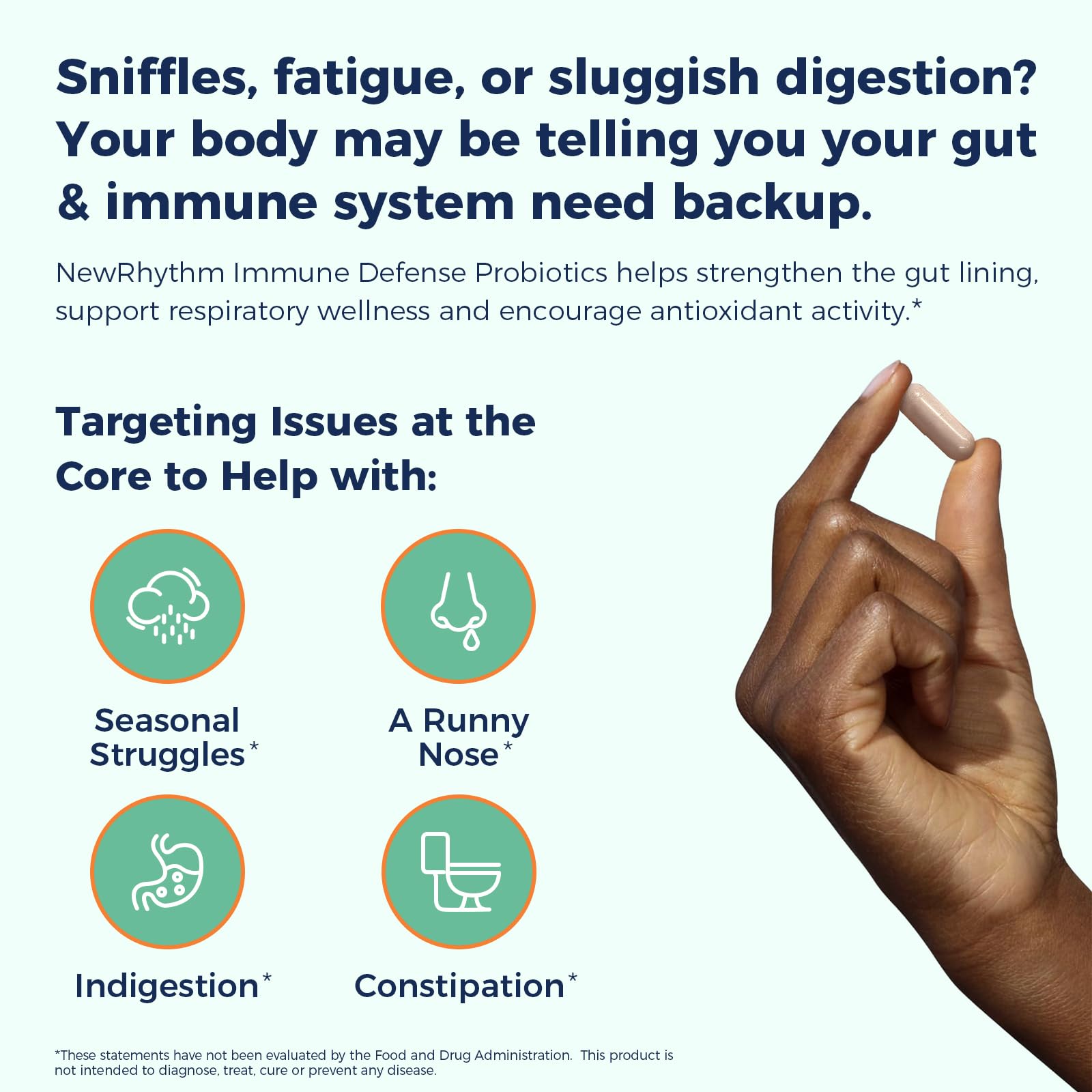 NewRhythm Immune Defense capsules close-up highlight Akkermansia and zinc for gut and immune wellness.