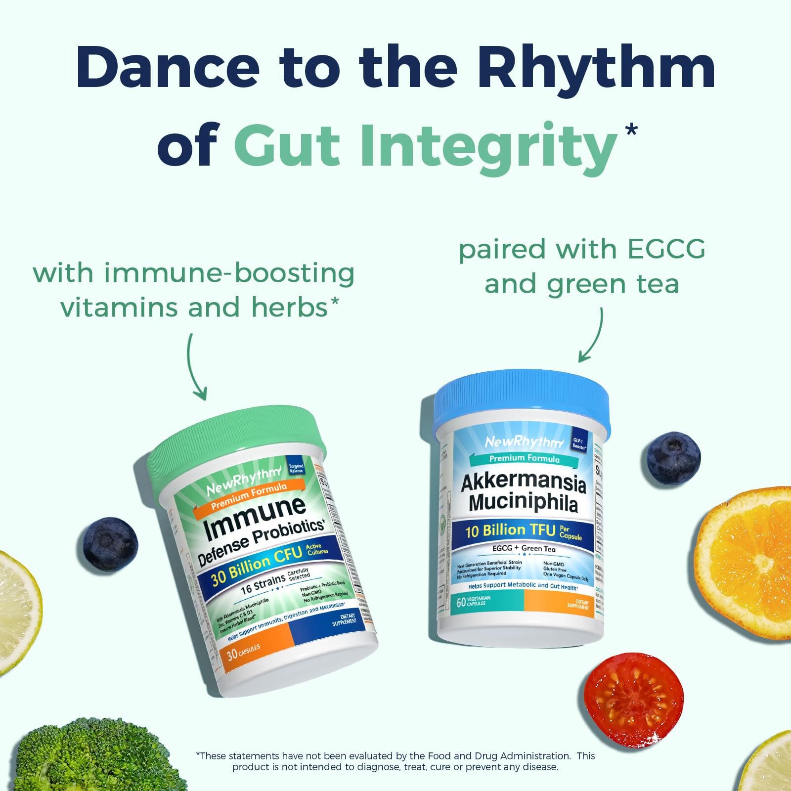 NewRhythm Immune Defense bottle in kitchen scene suggests daily routine integration.