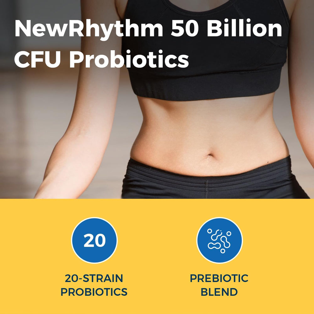 NewRhythm Probiotics label reveals 20 strains in a diverse blend.