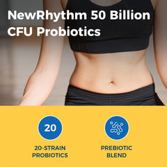 NewRhythm Probiotics label reveals 20 strains in a diverse blend.