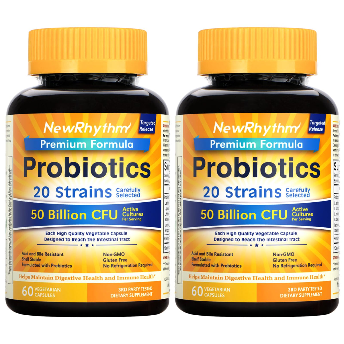 NewRhythm Probiotics bottle front view showing shelf-stable design for daily balance.