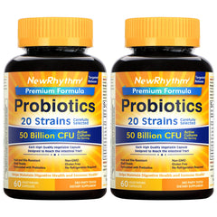 NewRhythm Probiotics bottle front view showing shelf-stable design for daily balance.