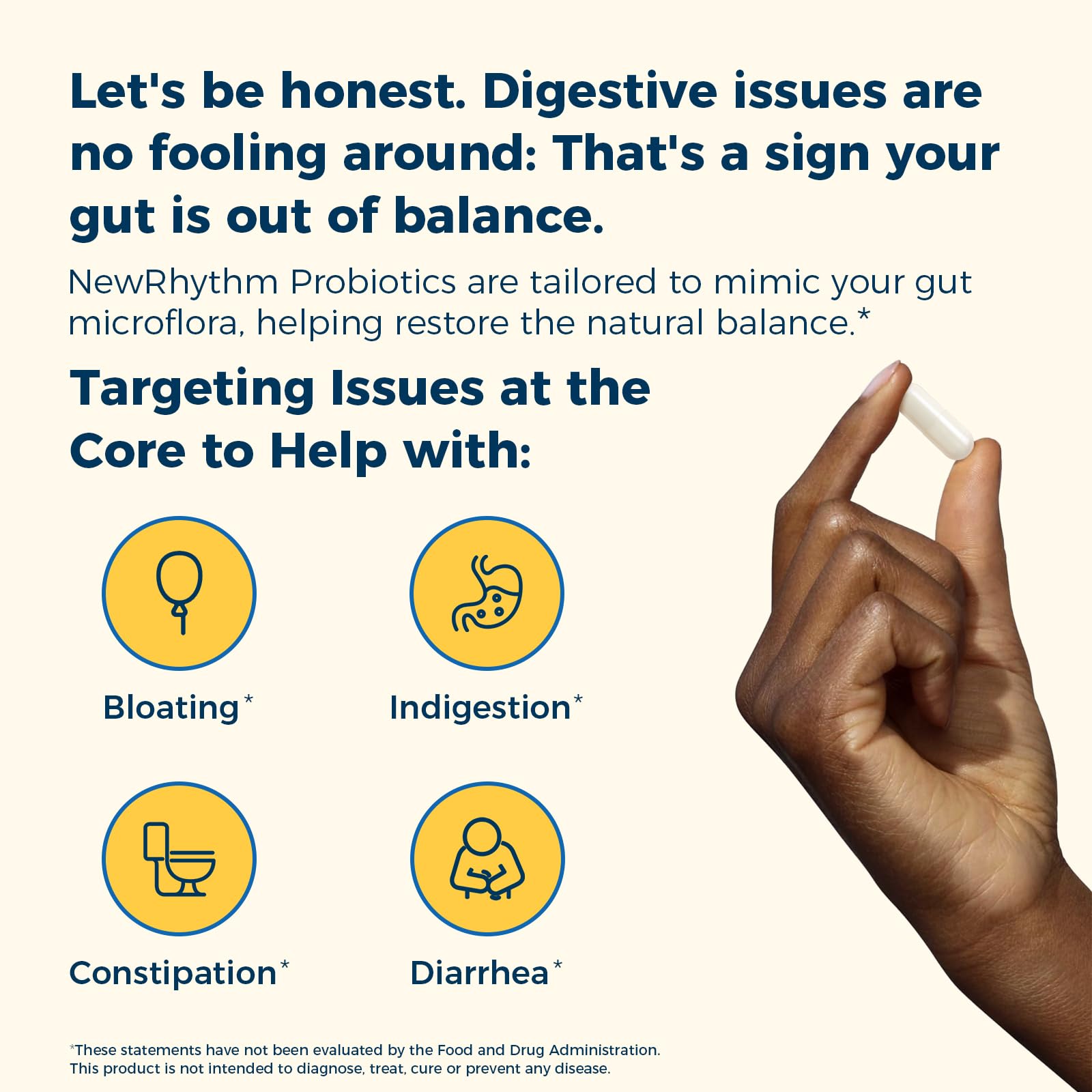 NewRhythm Probiotics capsules in bottle for easy daily intake.