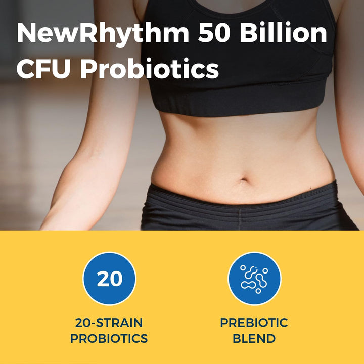 NewRhythm Probiotics bottle back highlighting ingredients
