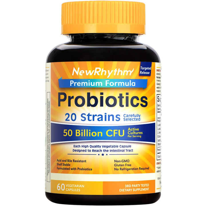 NewRhythm Probiotics bottle front with 50B CFU and targeted release