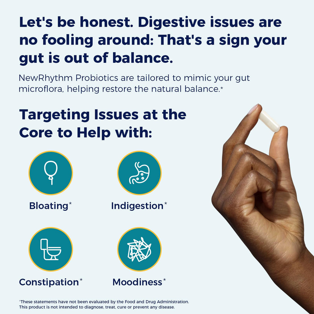 NewRhythm Probiotics with enzymes and prebiotics supports daily digestion.