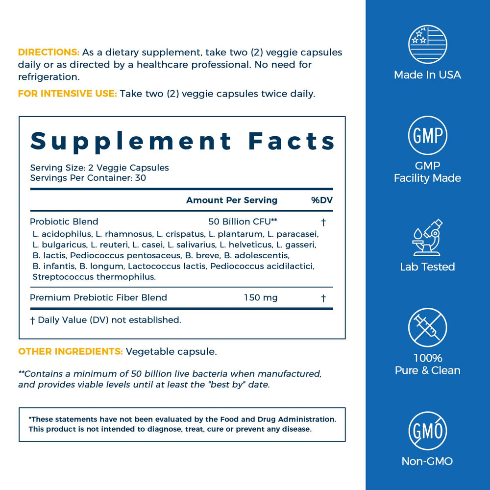 NewRhythm Probiotics gluten-free and non-GMO badge communicates dietary compatibility.