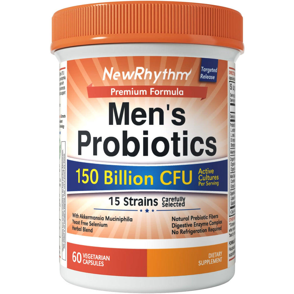 NewRhythm Probiotics for Men bottle front view showing branding and label
