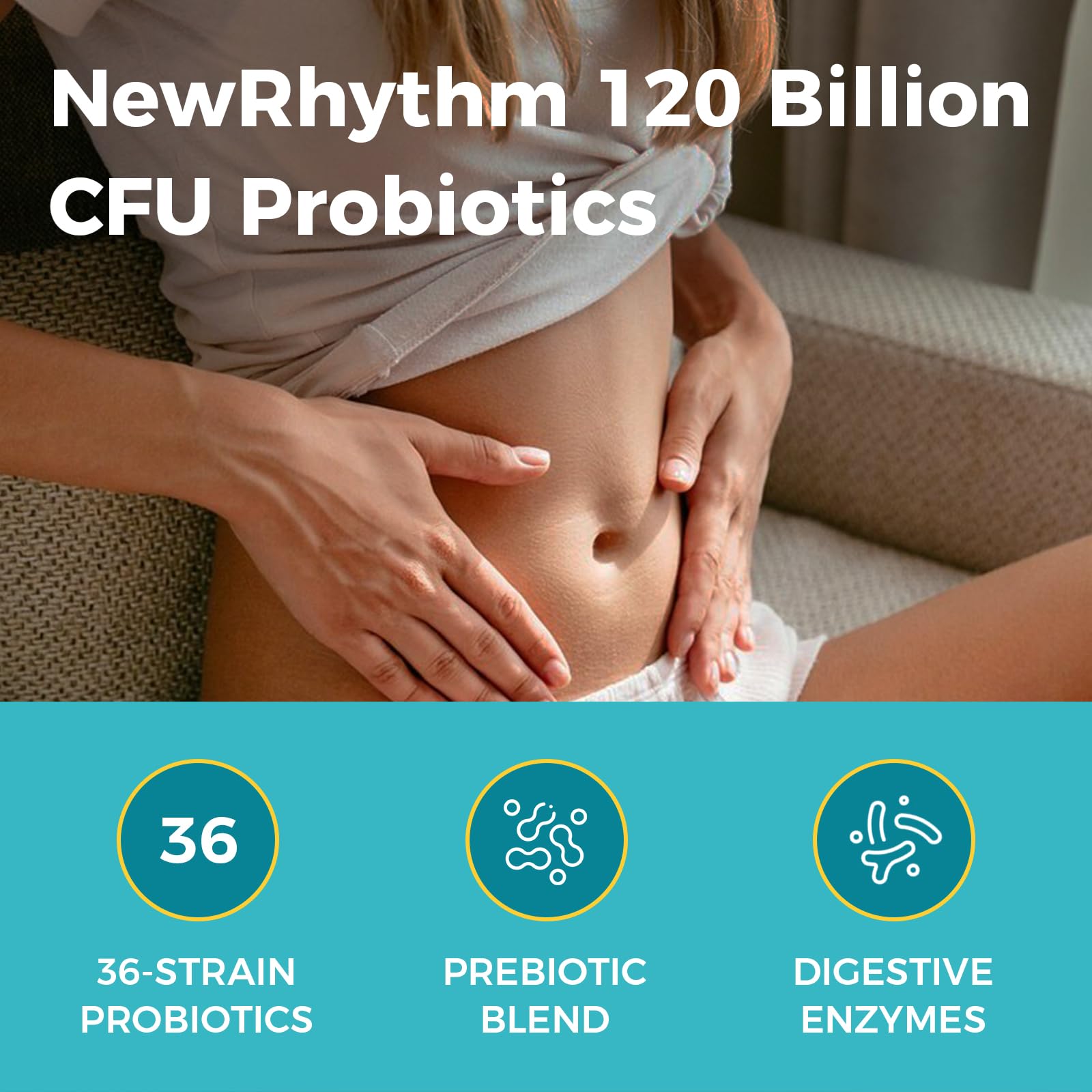 NewRhythm Probiotics bottle with prebiotics and enzymes to support digestion
