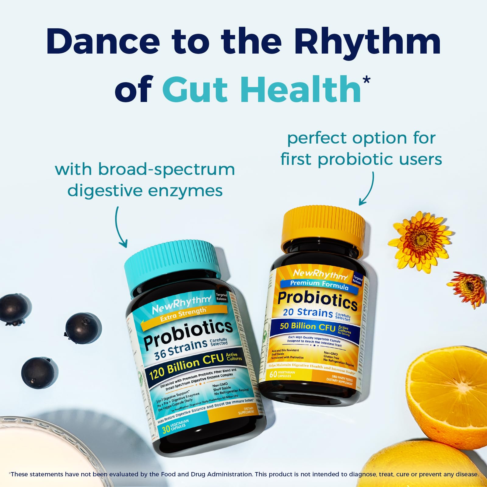 NewRhythm probiotics stay shelf-stable without refrigeration for convenience.