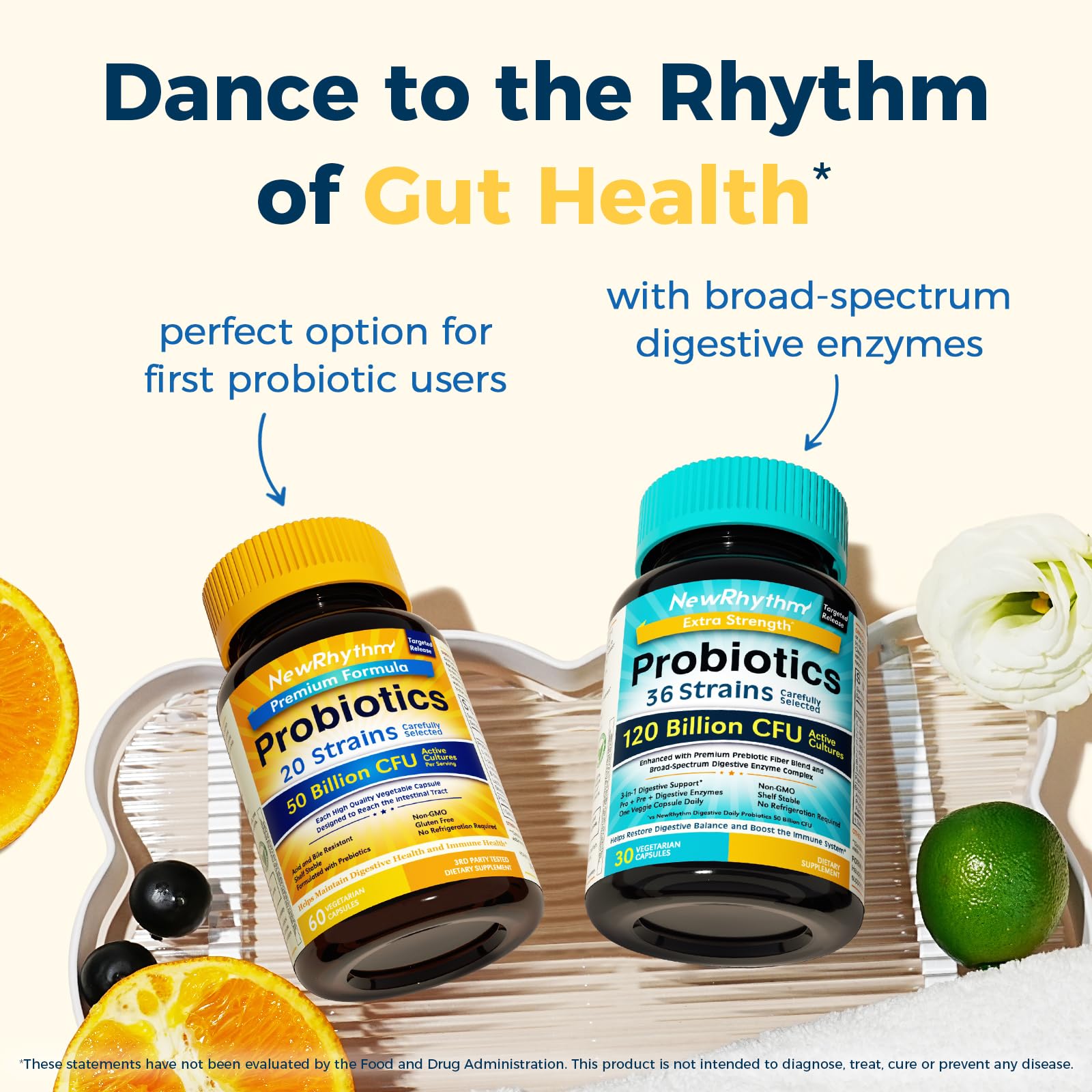 NewRhythm Probiotics third-party testing badge indicates quality verification.