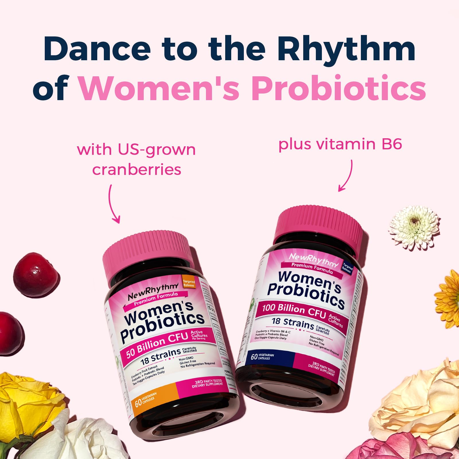 NewRhythm vegan, non-GMO, dairy-free probiotic packaging.