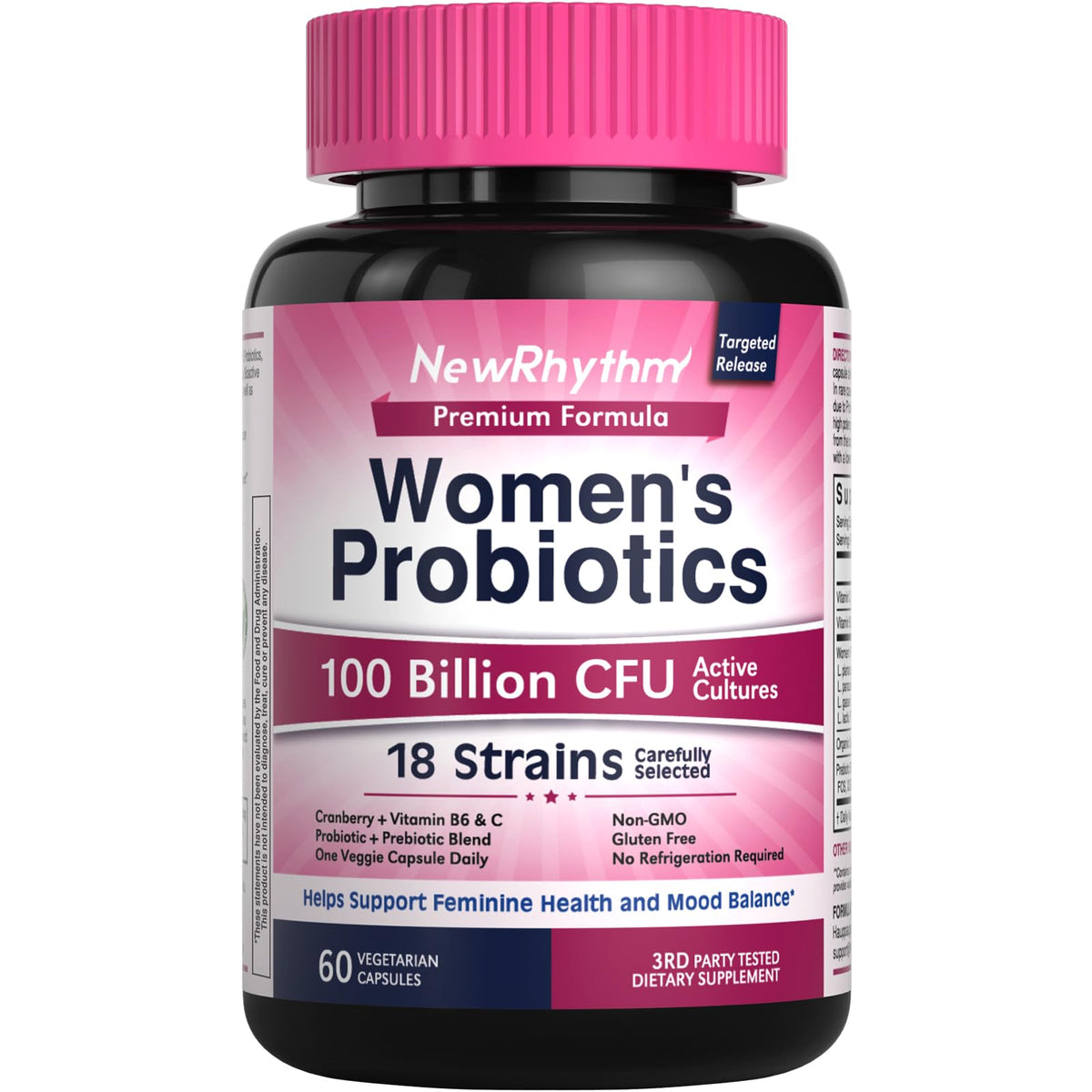 NewRhythm Women’s Probiotics bottle front view for daily balance support