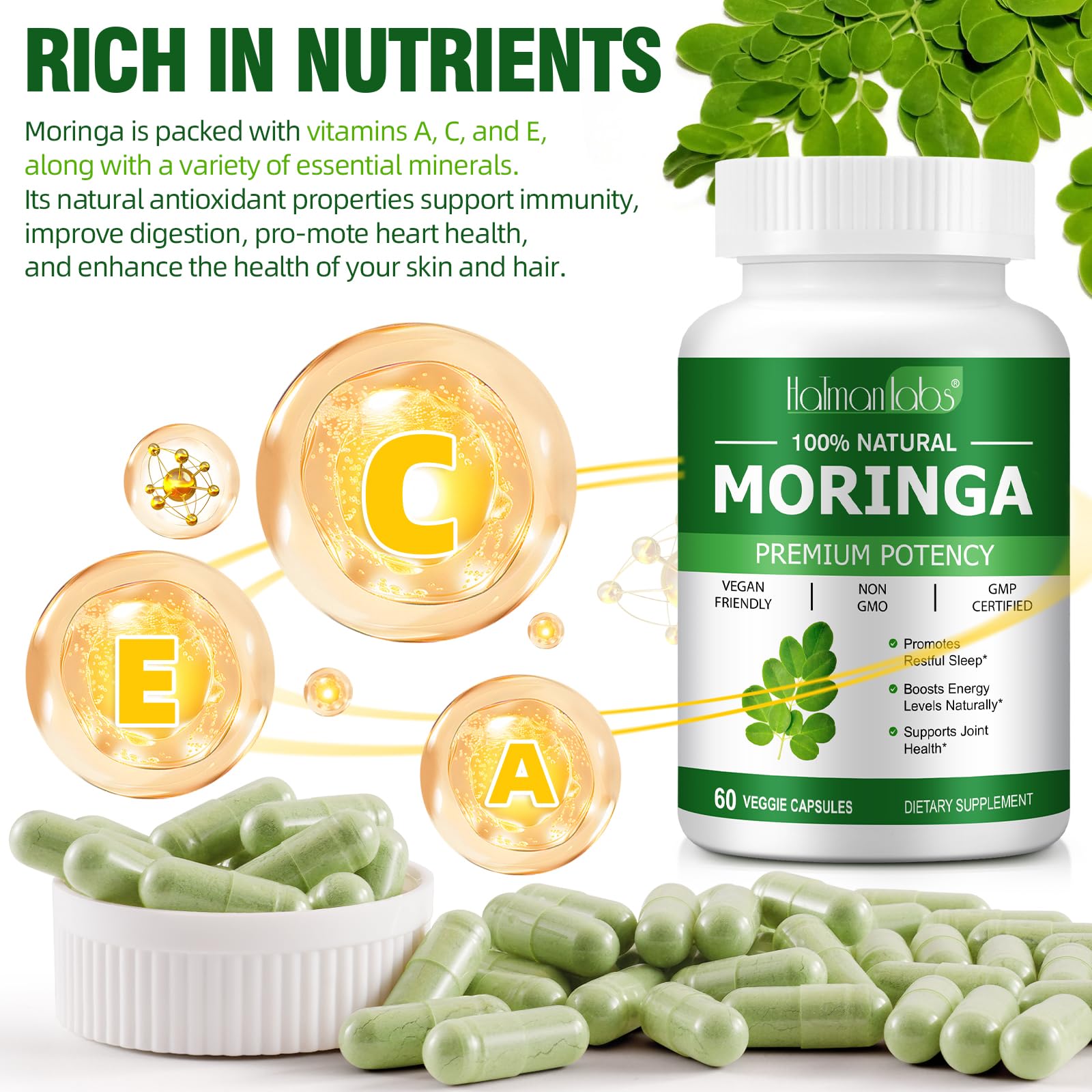 Newseel Moringa Capsules label closeup highlights purity and ingredient notes.