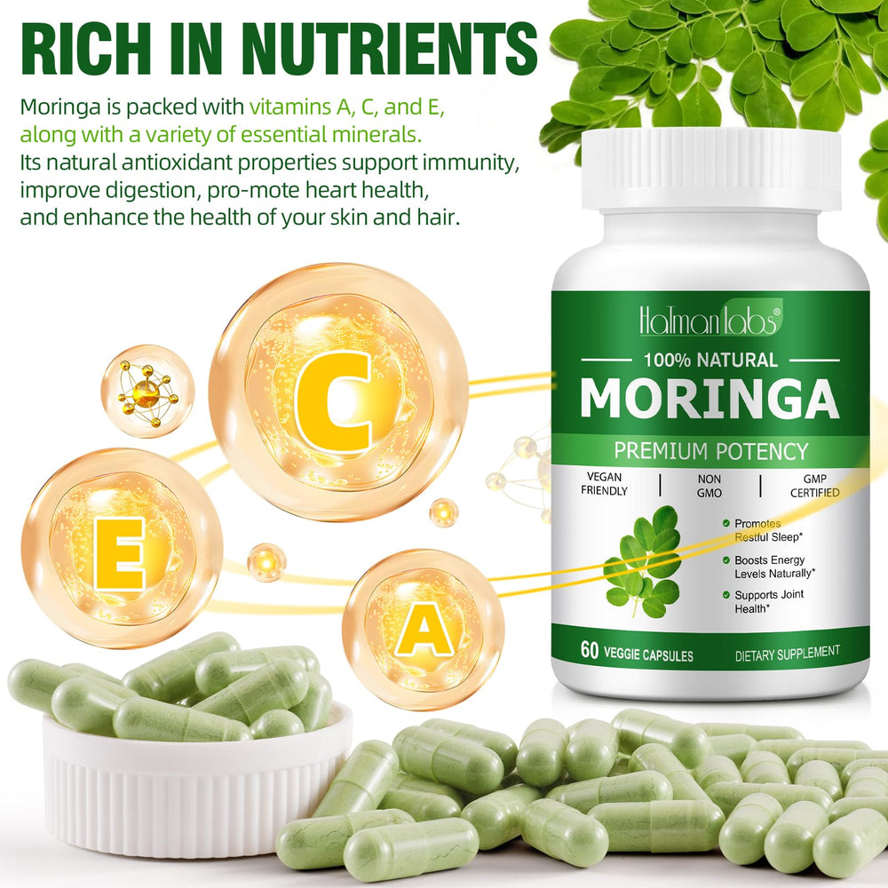 Newseel Moringa Capsules label closeup highlights purity and ingredient notes.