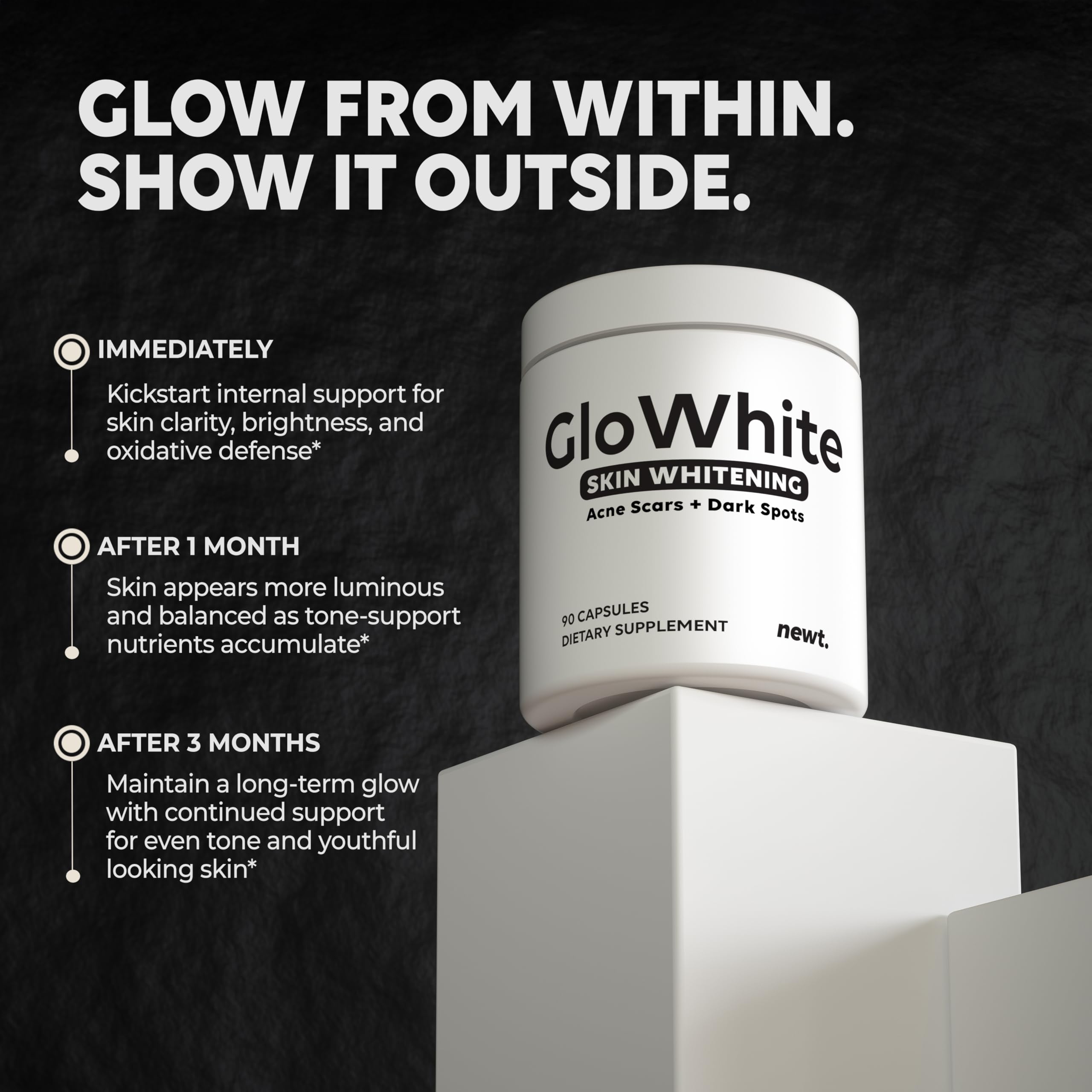 Closeup of Newt GloWhite bottle highlighting premium formula for even tone.