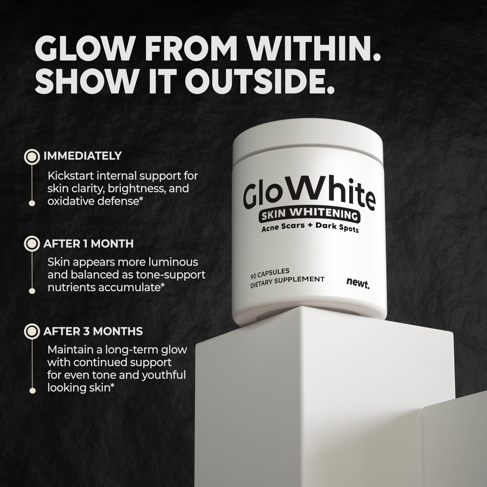 Closeup of Newt GloWhite bottle highlighting premium formula for even tone.