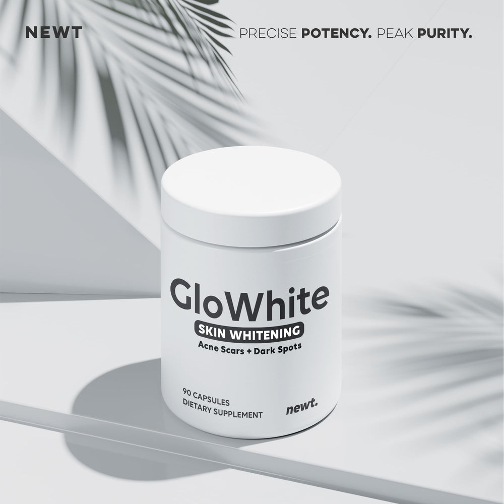 Newt GloWhite supplement facts label highlights non-GMO and vegetarian-friendly.
