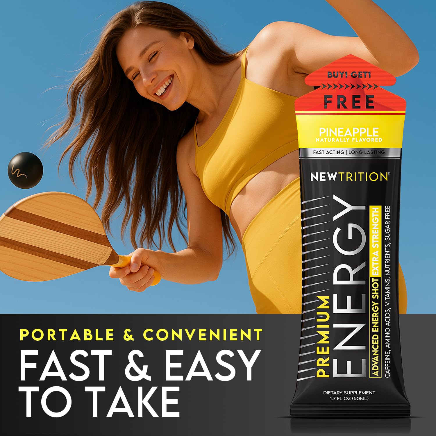 NewTrition on-the-go packaging shown for desk, gym bag, and travel use