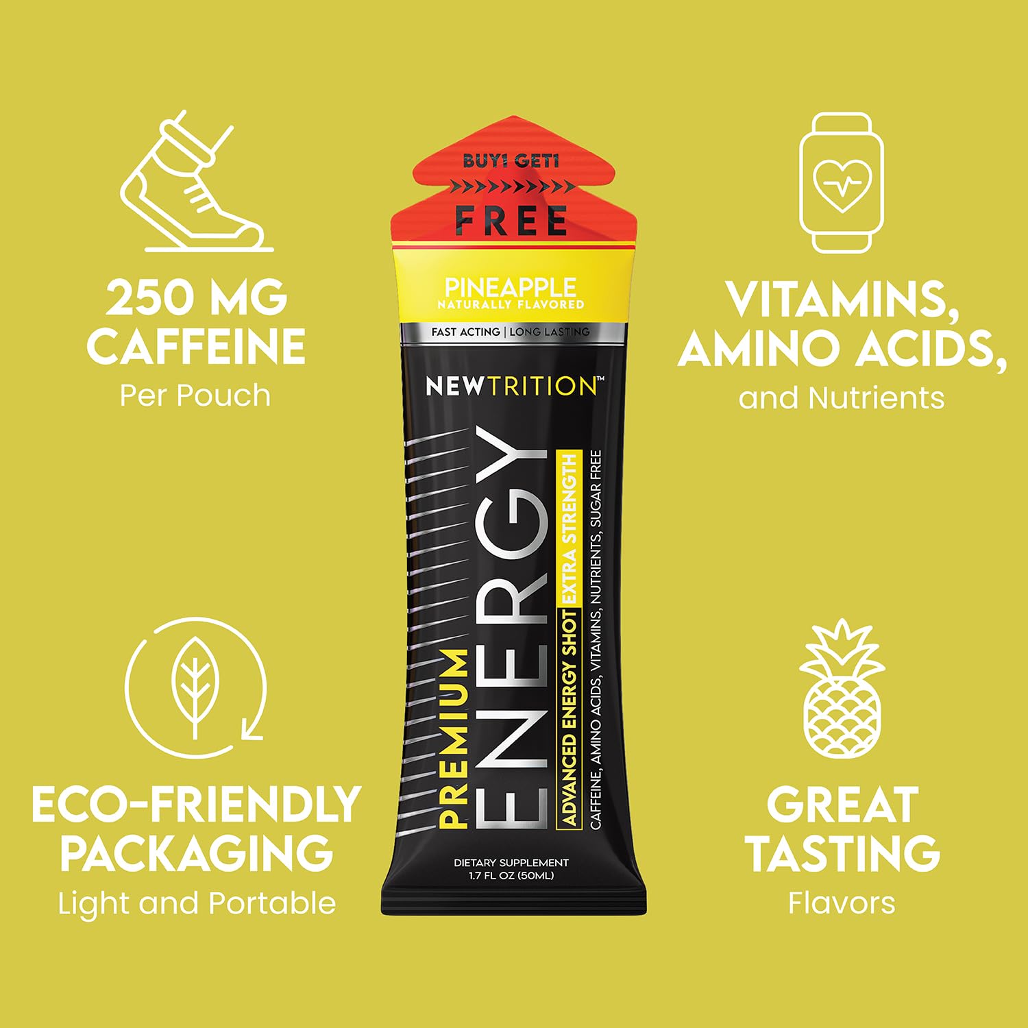 NewTrition pineapple flavor label emphasizing 250 mg caffeine per shot for quick focus