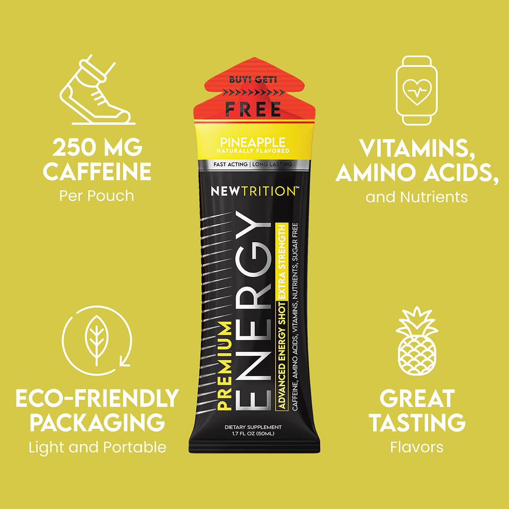 NewTrition pineapple flavor label emphasizing 250 mg caffeine per shot for quick focus