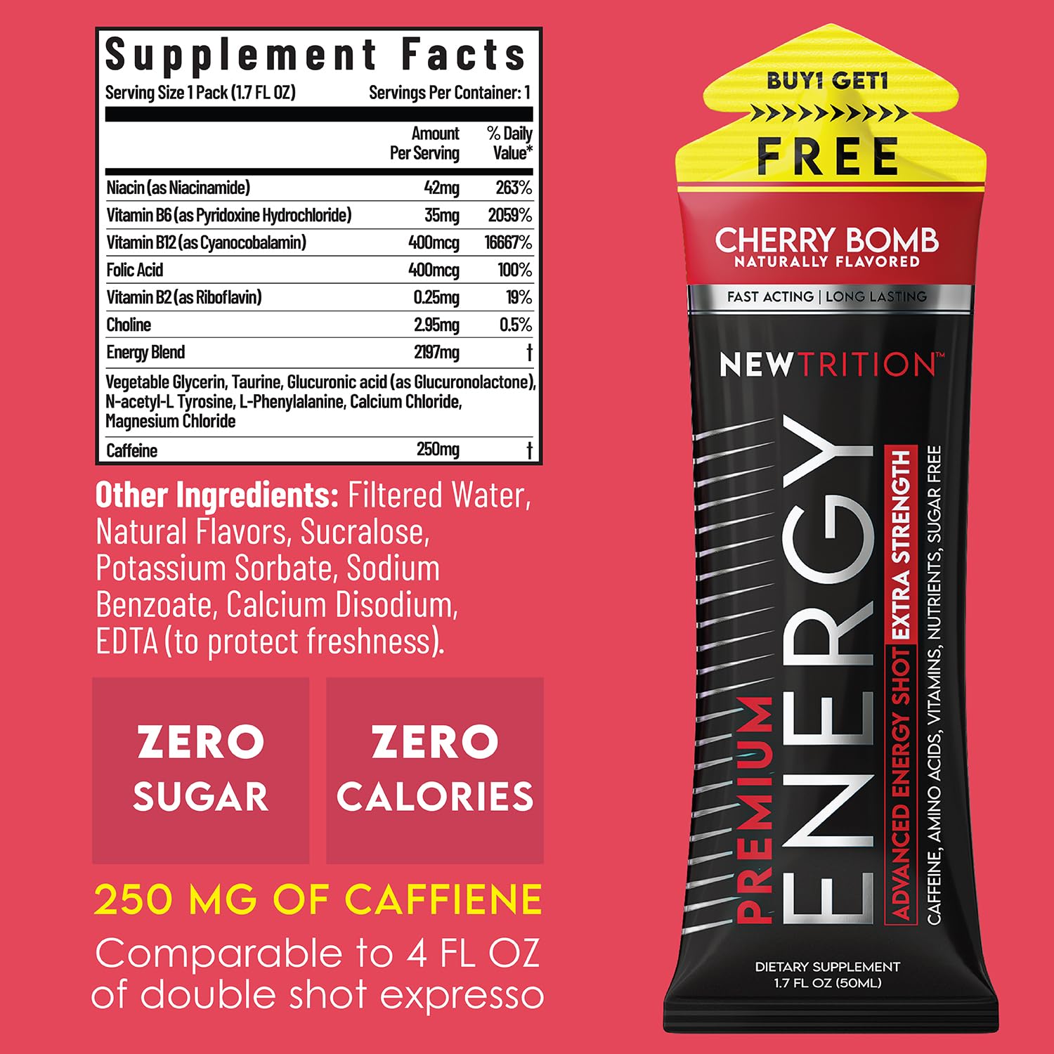 NewTrition energy shot label highlighting vitamin B and amino acids for energy support.
