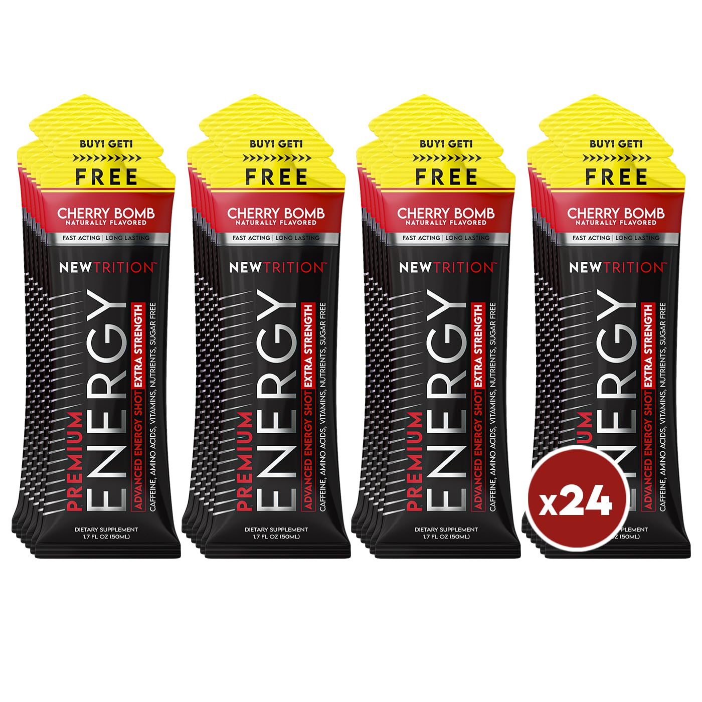 NewTrition Cherry Bomb bottle front view delivering a sugar-free energy boost for focus