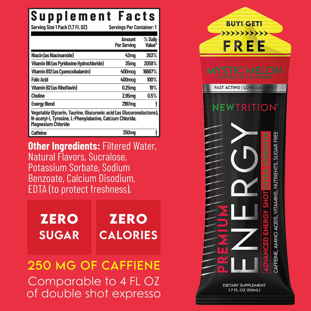 NewTrition Extra Strength energy shot label highlights caffeine and zero calories.