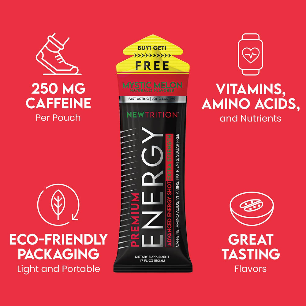 Pouring Mystic Melon shot shows a clear, sugar-free energy boost.