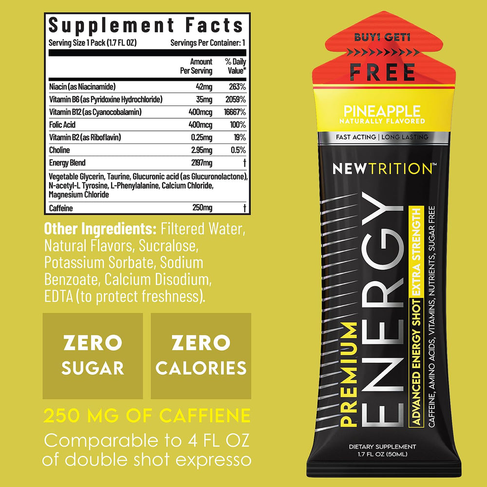 NewTrition energy shot packaging highlighting zero calories and sugar-free formula