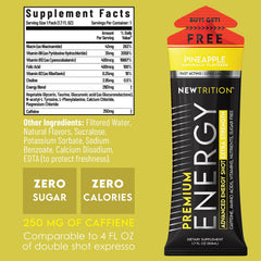 NewTrition energy shot packaging highlighting zero calories and sugar-free formula