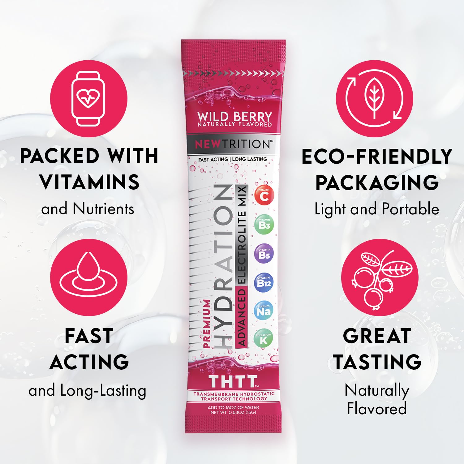 Pouring NewTrition Wild Berry hydration packet into water for quick hydration