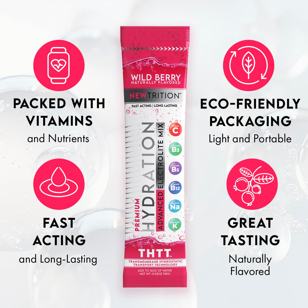 Pouring NewTrition Wild Berry hydration packet into water for quick hydration